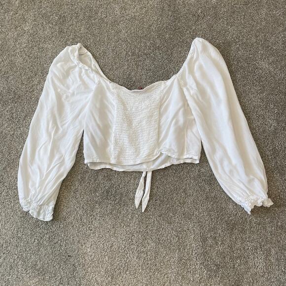 Guess large knot front balloon puff sleeve crop top blouse TLS1 2862 - Picture 6 of 9